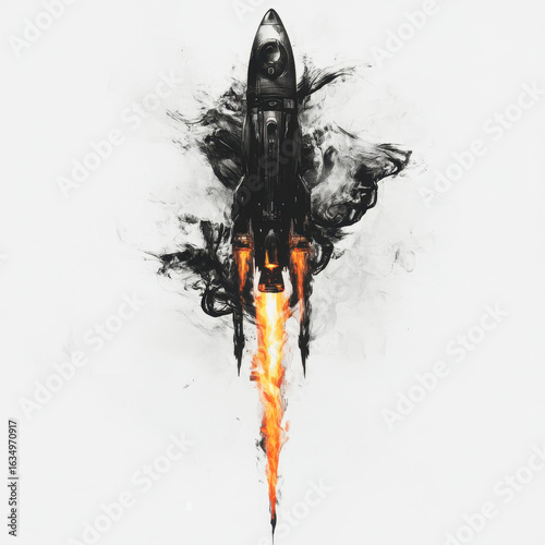 Rocket Launch: A stylized, high-contrast image showcases a rocket in flight, with a dramatic plume of smoke and flames against a backdrop, emphasizing themes of ambition and innovation.