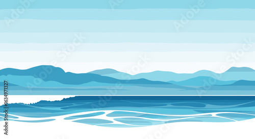 Serene blue landscape with reflecting water and distant layered mountains under a clear sky