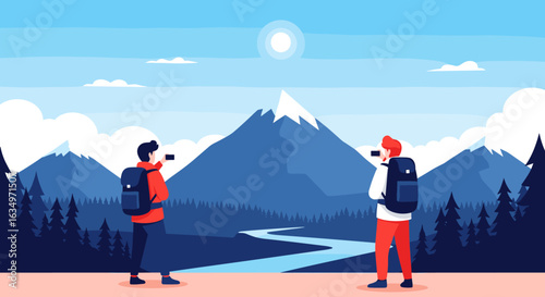 Two adventurous hikers marvel at majestic snow-capped mountains and a winding river valley below on a sunny day