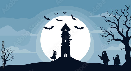 A spooky halloween night scene featuring a lighthouse and friendly ghosts under a full moon