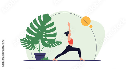 Woman practicing warrior pose yoga in a serene outdoor setting surrounded by lush green plants and soft natural light promoting inner peace and physical well-being