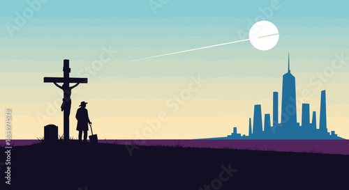 A lone wanderer contemplates a crucifix and a distant futuristic city under a fading sky