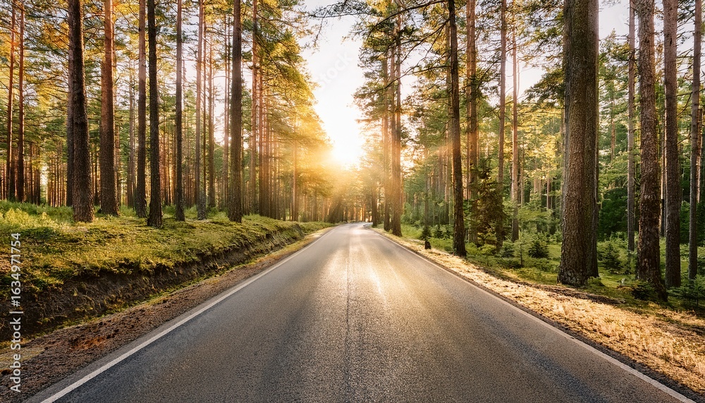 Fototapeta premium serene road through pine forest with sun flares and golden light
