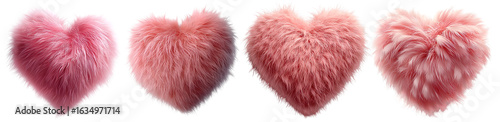 Set of fluffy pink heart shapes with soft texture and romantic design set element, on transparent background