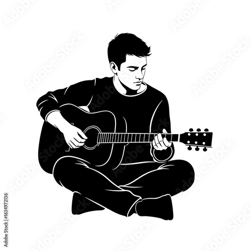 Man sitting cross legged playing acoustic guitar in a stylized graphic representation illustration