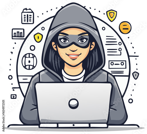 Cartoon Hacker with Laptop, Cyber Security Concept, Wearing a Hoodie