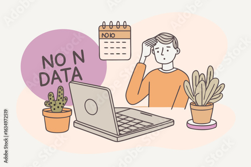 Person with hand on head looking confused at laptop with no data