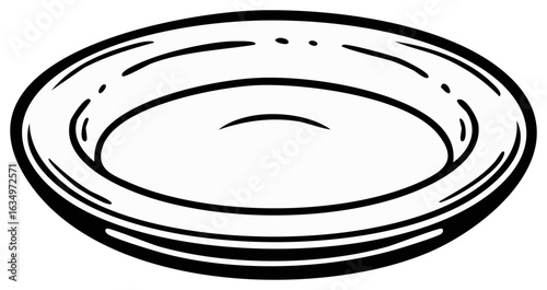 Circular ceramic dish with rim on white background. Empty round plate for food or dessert. Clean dishes hand drawn illustration.