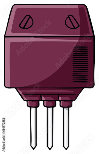 Cartoon style electronic component illustration with three pins. Simple graphic of a maroon transistor for technology designs.