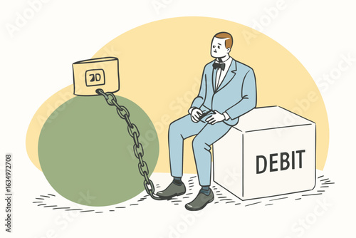 Man in blue suit chained to debit box bow tie 1