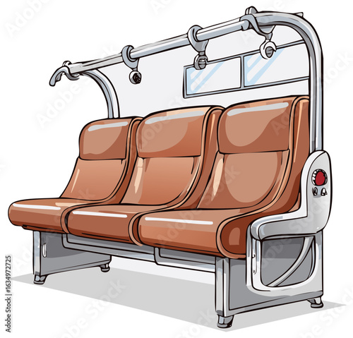 Three brown seats in a transit vehicle featuring a chrome handrail and footrests in a cartoon illustration