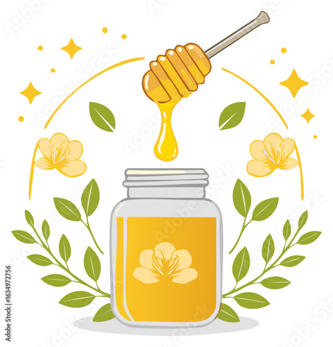 Illustration of honey jar, dipper, flowers, and leaves in a whimsical design.