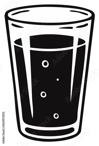 Black and white illustration of a tall glass of liquid with bubbles.