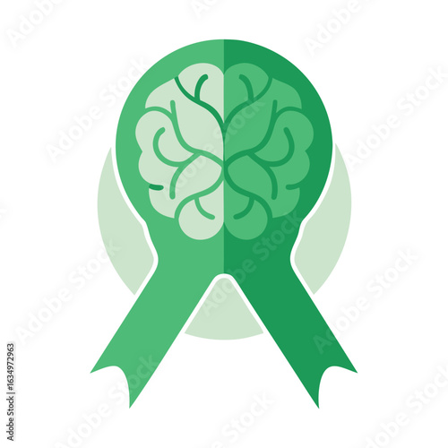 Green Ribbon with Brain and Neural Elements – Cerebral Palsy Awareness Vector Icon