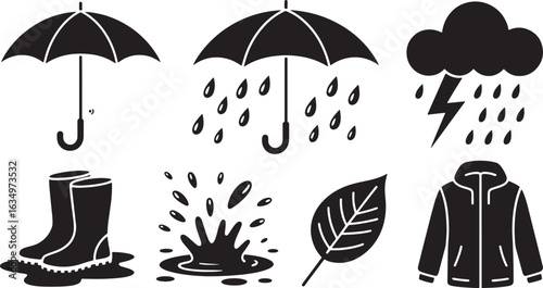 Weather Elements Vector Set Rainy Season Icons Umbrella Raindrops Boots Cloud Lightning Jacket Leaf Splash
