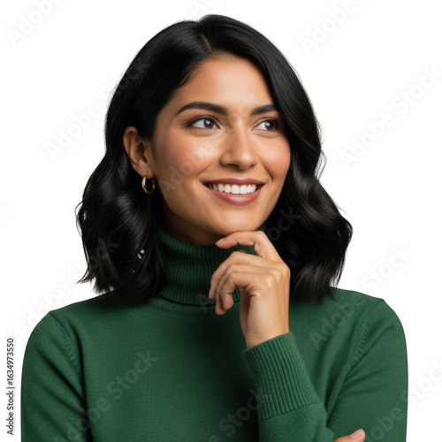 Young woman with dark wavy hair wearing a green turtleneck smiling and looking to the side isolated on transparent background