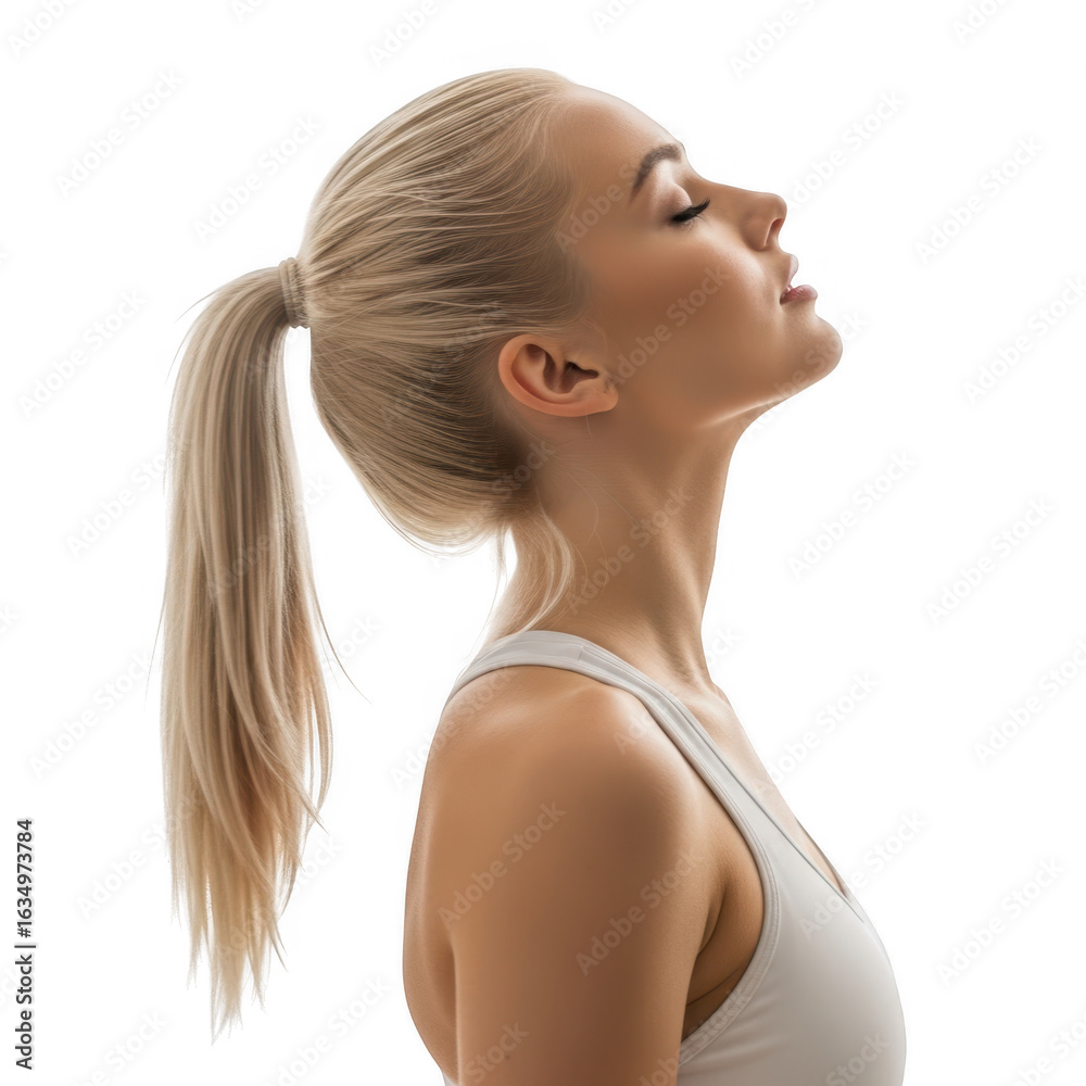 Naklejka premium Woman with blonde ponytail in profile tilted back isolated on transparent background