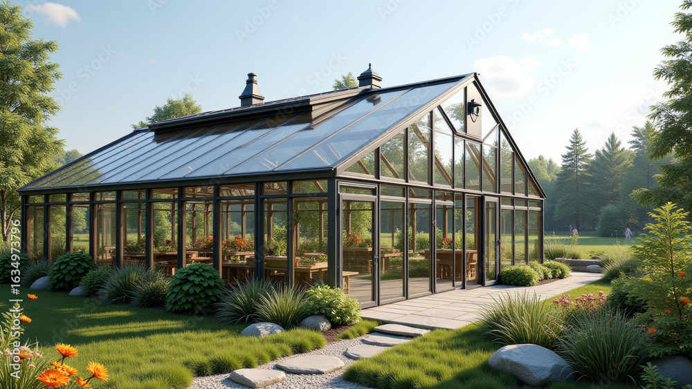 Fototapeta premium Glass greenhouse in rural garden setting with plants inside