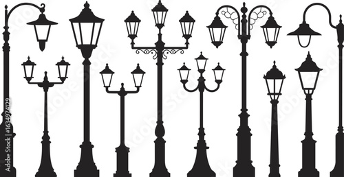 Street lamp silhouette set, vintage and modern lantern designs, urban lighting vector, decorative pole illustration, city infrastructure graphic for architecture, planning, and design