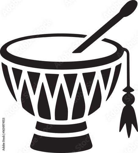 African Drum Silhouette Vector Illustration: Traditional Percussion Instrument with Stick and Tassel