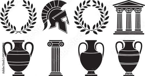 Ancient Greece Symbols Collection Laurel Wreath, Helmet, Temple, Amphora, Column, Vase, Isolated on Transparent