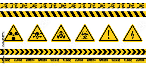 Danger warning yellow sign. Radiation sign, Gas mask, Toxic sign and Bio hazard. Warning label, warning tape, hazard sign vector. Vector icon isolated on white background