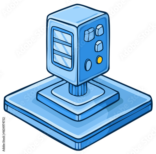 Stylized Blue Retro Futuristic Technology Device with Screen and Control Buttons