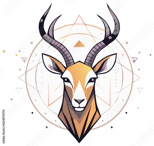 Symmetrical gazelle head illustration with sacred geometry and mystical symbols