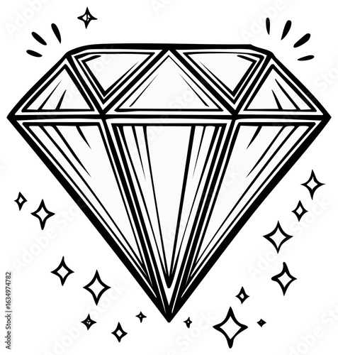 Sparkling faceted diamond illustration with radiating starbursts and geometric sparkles