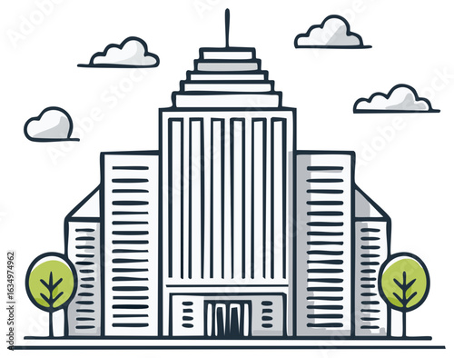 Cartoon city skyline with high rise buildings and trees under fluffy clouds on white
