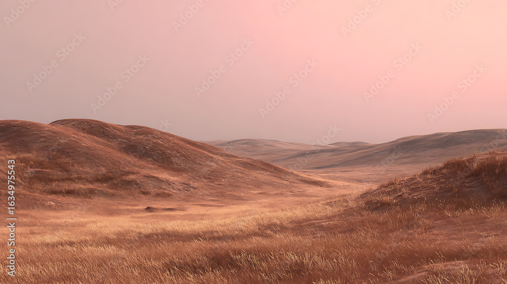 Fototapeta premium Rolling desert hills with dry grass under a soft pink sky landscape