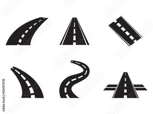 Vector black car road icons set. Highway symbols. Road signs. collection with straight curved and junction roadway designs simple black and white vector illustration.