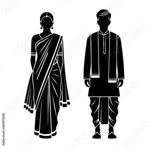 Maharashtrian Nauvari Saree Dhoti Kurta Couple Vector - Traditional Cultural Logo Design