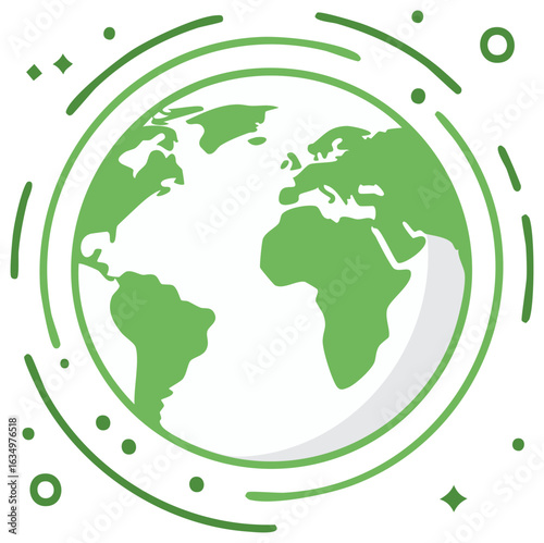 Green Earth globe with orbiting lines and dots representing global connection and sustainability