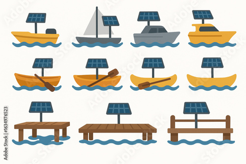 Solar Panels on Boats, Canoes, and Docks Flat Icons for Marine Energy