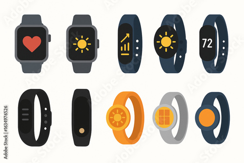 Wearable Solar Accessories Flat Icons: Smartwatches, Fitness Trackers Rings