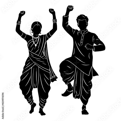Maharashtrian Nauvari Saree Dhoti Kurta Couple Vector - Traditional Cultural Logo Design