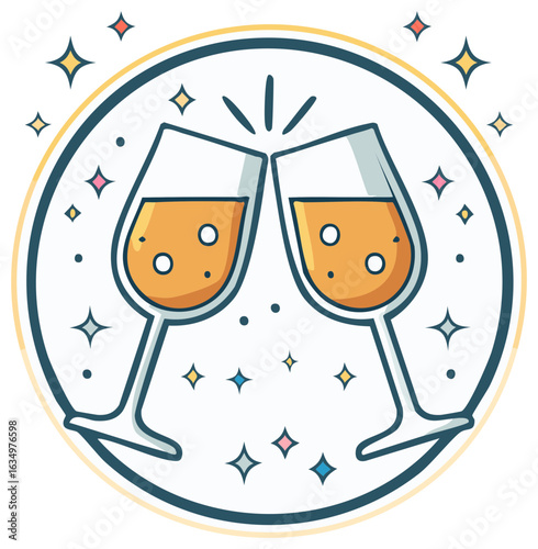 Two champagne glasses clinking with golden bubbly liquid, surrounded by festive sparkles, symbolizing celebration and toast.