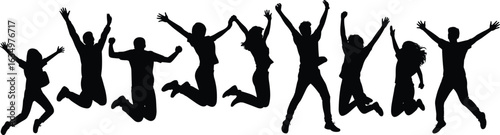 Group jumping silhouettes, celebration pose, happy people, teamwork success, unity and joy, energetic movement, fun, vibrant, cheerful, expressive vector