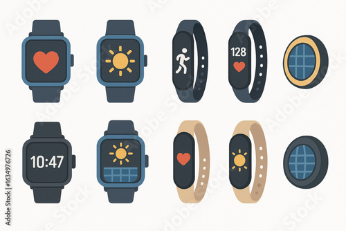 Wearable Solar Accessories Flat Icons: Smartwatches, Fitness Trackers Rings