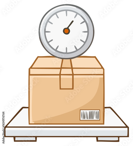 Cartoon illustration of a sealed cardboard box on an analog weighing scale for shipping and logistics