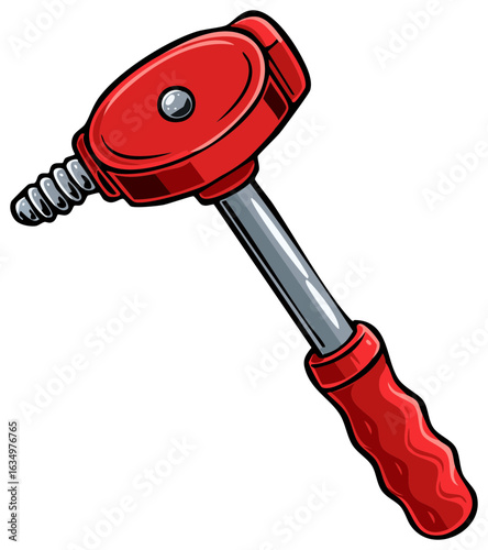 Vibrant red hand ice auger tool with sharp spiral bit for winter outdoor activities