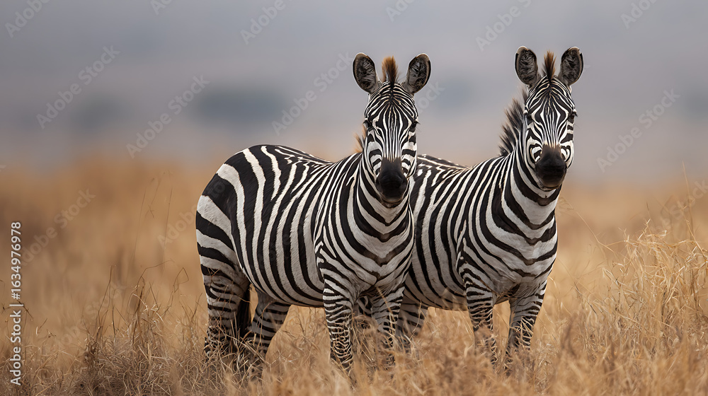 Obraz premium Two zebras standing in dry golden grass wildlife animals