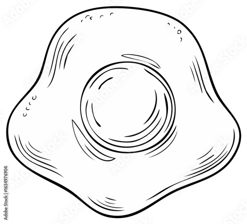 Black and white line art illustration of a single fried egg food item