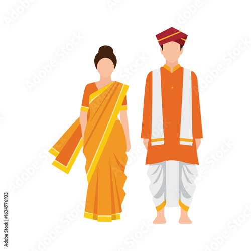 Maharashtrian Nauvari Saree Dhoti Kurta Couple Vector - Traditional Cultural Logo Design
