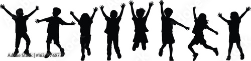 Children jumping silhouettes, happy kids in motion, playful energy, childhood joy, group celebration, active pose, vector design, black graphic