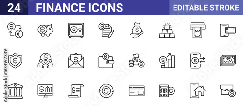 Finance Editable Stroke Vector Icon Set – Piggy Bank, Safe, Wallet, Credit Card, ATM, Money Bag, Growth Chart, Bank, Calculator, Mobile Payment, Invoice, Gold Bars, Currency Exchange