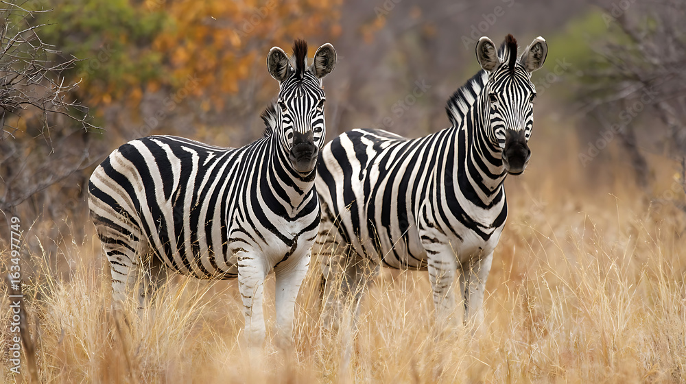 Fototapeta premium Two zebras standing in dry golden grass with blurred background wildlife animals
