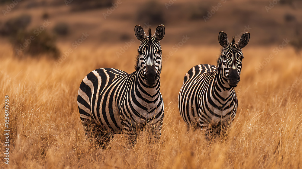 Fototapeta premium Two zebras standing in dry golden grass wildlife savanna