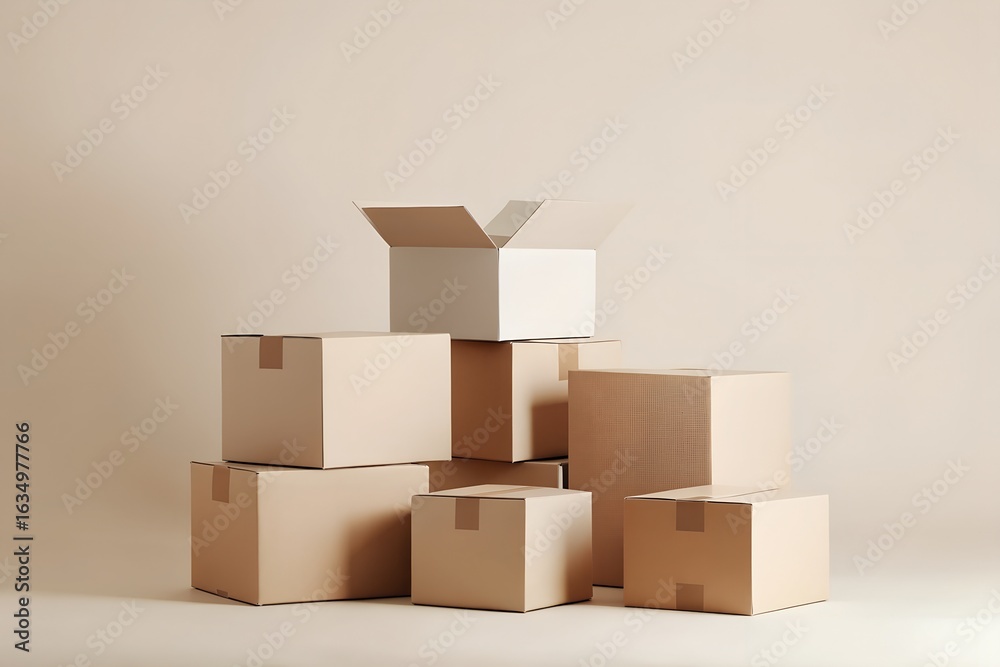 Fototapeta premium Stylish Contemporary Stacked Cardboard Boxes with Open Package Delivery 